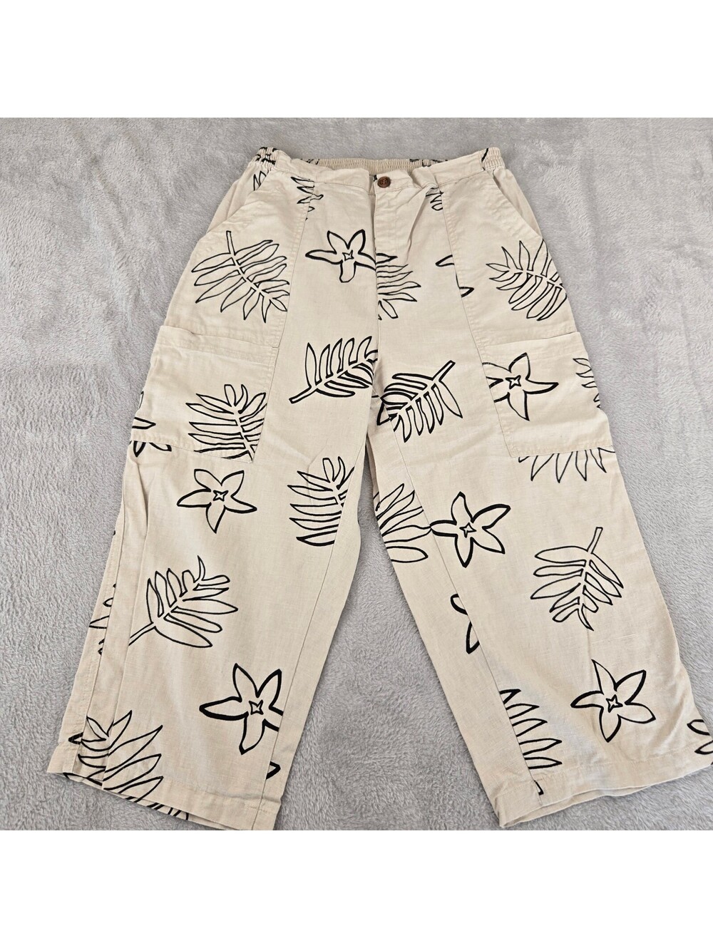 Palm Grove Womens Linen Blend Pants Size Large Tropical Floral Wide Leg Boho
